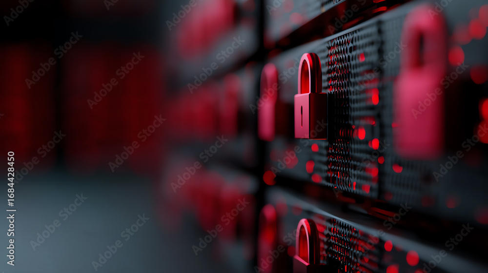 Poster close-up of multiple red padlocks on a dark metal grid, symbolizing data protection, cybersecurity, 