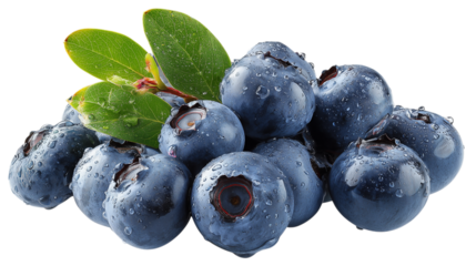 A bunch of blueberries with a leaf on top