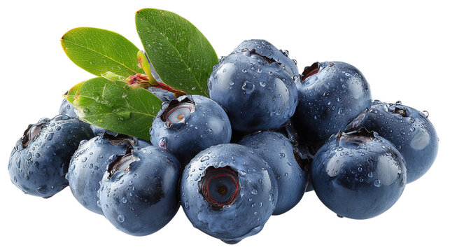 A bunch of blueberries with a leaf on top