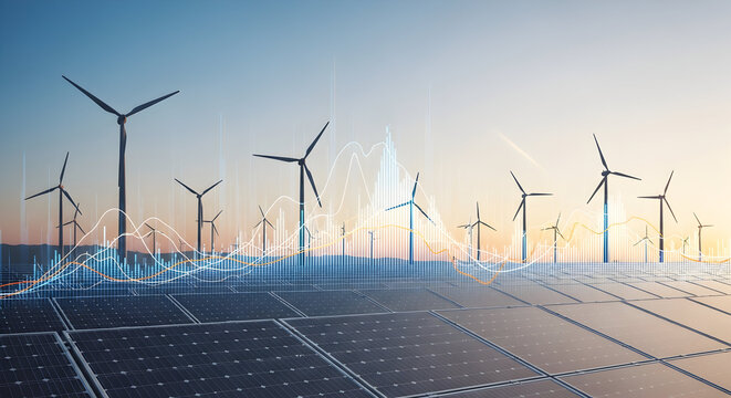 Sustainable energy growth visualized with solar panels and wind turbines against a data-driven sky - Powered by Adobe