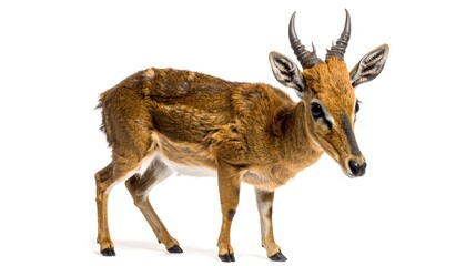 Fototapeta premium Oribi antelope standing alert with short horns against white