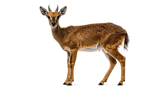 Kirks dikdik standing alert with small horns isolated on white