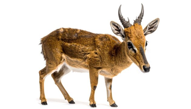 Oribi antelope standing alert with short horns against white