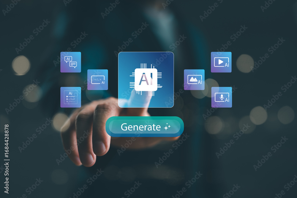 Aufkleber ai content generation interface with icons for text, image, video, and audio creation. futuristic co