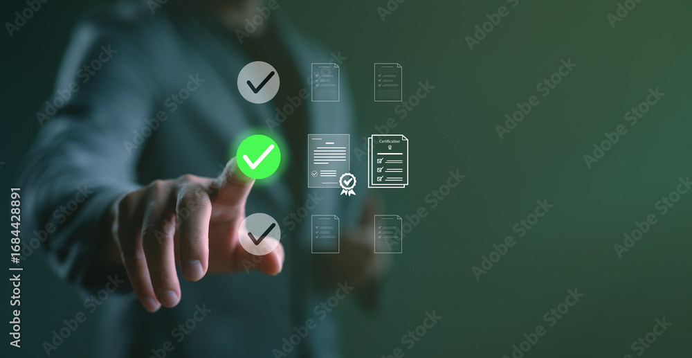 Poster businessman validating digital documents with green check mark symbol. concept of certification, app