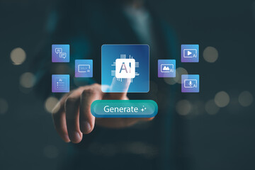 AI content generation interface with icons for text, image, video, and audio creation. Futuristic...
