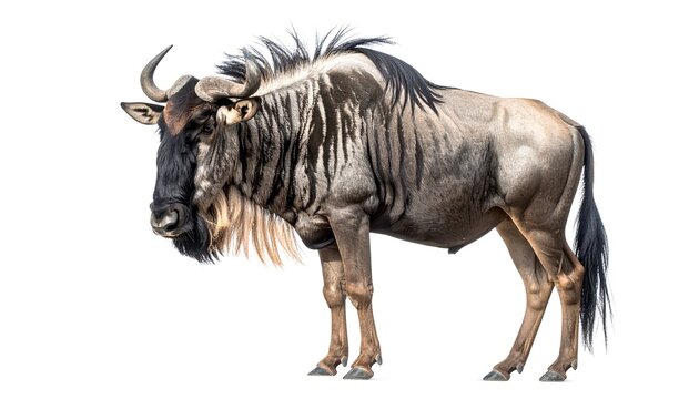 Wildebeest standing alert with shaggy mane and curved horns on white backdrop