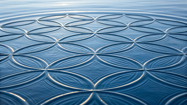 Rippling blue water surface with geometric concentric circle pattern ripple