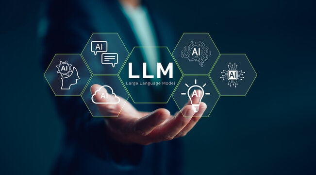 Futuristic concept of artificial intelligence and large language models (LLM) with glowing AI icons and human hand interface. Innovation in machine learning and digital transformation. - Powered by Adobe