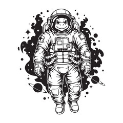 Vector art of a turtle astronaut floats in space, surrounded by stars and planets, wearing a spacesuit and helmet