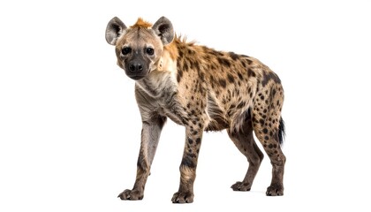 Spotted hyena standing alert looking at camera on white background