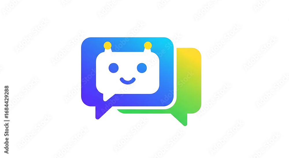 Poster a chat bot icon with speech bubbles in blue and green gradient on a white background design graphic 