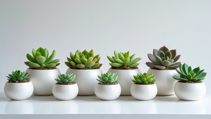 Obraz premium A display of various succulents in white ceramic pots arranged in a row against a neutral backdrop.