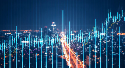 Dynamic financial charts overlaying a blurred city skyline at night, symbolizing growth and opportunity