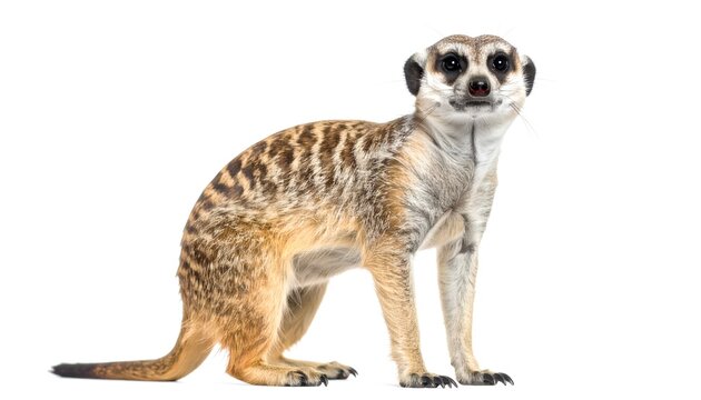 Alert meerkat standing attentively on white background looking forward