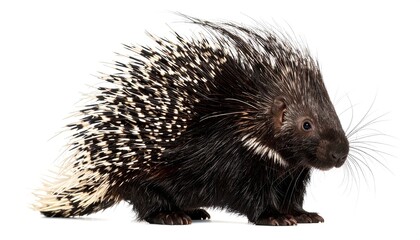 Obraz premium Crested porcupine walking with spiky quills against white backdrop