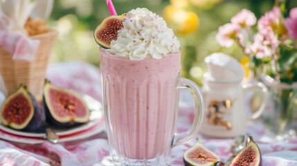 A fig milkshake with whipped cream on a vintage picnic setting