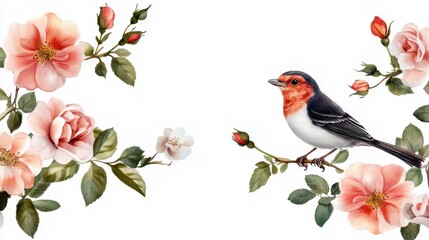 Spring bird and rose motif in romantic, hand-drawn composition