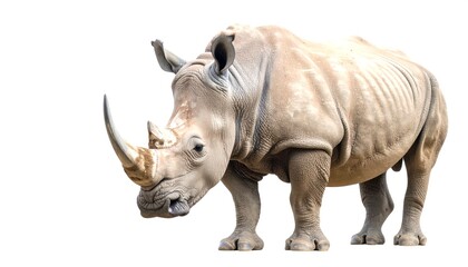 Obraz premium White rhinoceros standing calmly with large horn against a plain backdrop