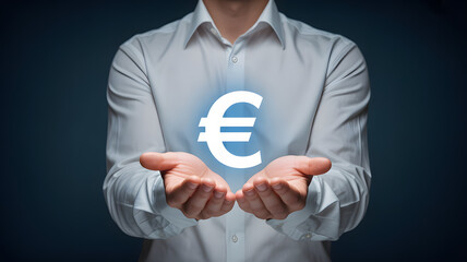 Man holds glowing Euro symbol, representing finance and investment opportunities