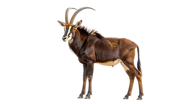 Sable antelope standing alert with curved horns on a plain white backdrop