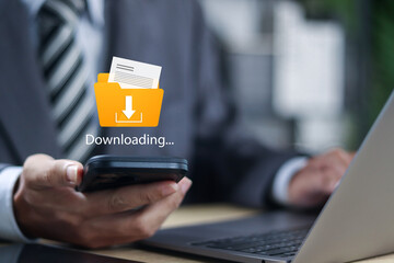 Data storage concept, transferring files and media. Businessman downloading organizational...