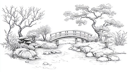 Japanese Garden Scene with Bridge, Peaceful Landscape