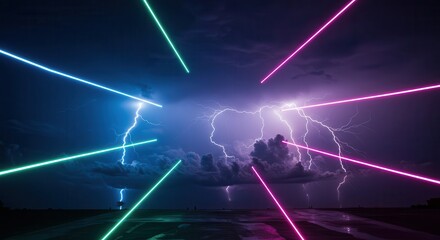A dramatic, nighttime scene of powerful lightning strikes, accentuated by vibrant neon laser beams radiating outward from the center.