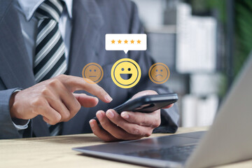 Satisfaction survey concept. customer services best excellent business rating experience. Chooses a smile face with 5 star satisfaction.