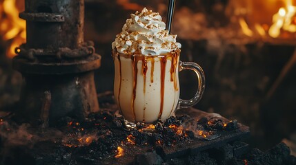 A fire themed milkshake with whipped cream in a volcanic medieval forge