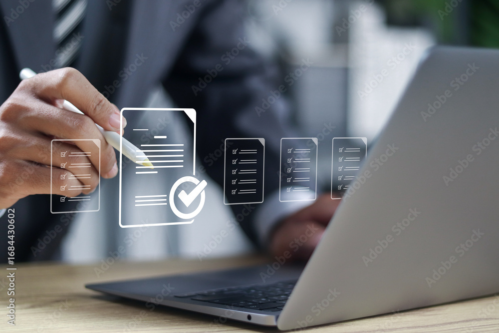 Poster business performance monitoring and evaluation, checklist survey and filling out digital checklist. 