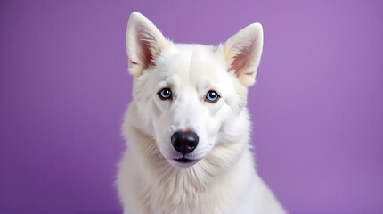 Obraz premium Adorable White Dog with Striking Blue Eyes on a Vibrant Purple Background