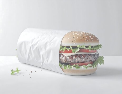 A wrapped hamburger on a white surface