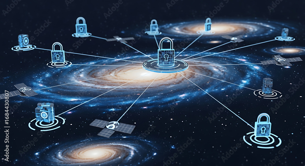 Poster network security concept showing connected satellites and locks in space with galaxies background ai