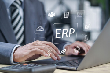 ERP, Enterprise resource planning concept, business intelligence, document management. businessman using ERP software system for business resource planning.