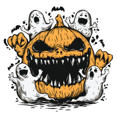 Halloween pumpkin monster with little ghost, spooky hand drawn vector illustration, perfect for t-shirt, mug, poster, and Halloween decoration.