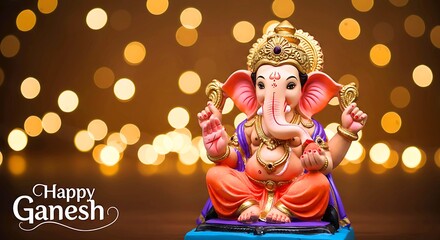 Happy ganesh chaturthi celebration with a statue and bokeh lights