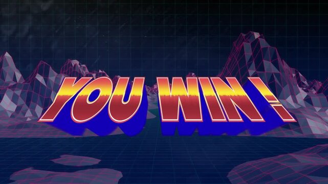 Animation of you win over metaverse landscape on black background