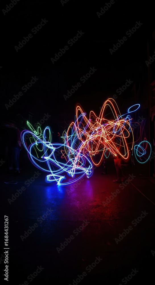 Poster vibrant swirls of light paint a dynamic pattern on a dark surface.