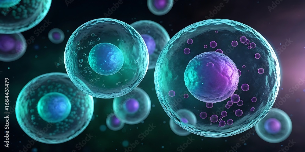 Poster abstract visualization of biological cells with glowing nuclei and internal structures against a dar