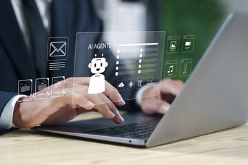 AI agent and generative artificial intelligence concept. Intelligent assistant, Robotic processes automation and data analysis. Businessman use laptop with AI agent icon.