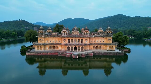 Scenic Aerial View of Jal Mahal Jaipur India Reflected in Man Sagar Lake with Serene Mountain Backdrop and Clear Blue