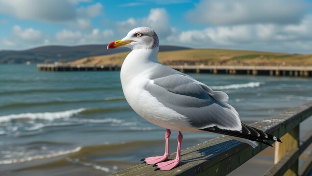 A seagull perches serenely on a wooden railing overlooking a tranquil ocean scene, showcasing a vibrant coastal setting. - Powered by Adobe