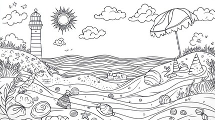 Naklejka premium Seaside coloring page, lighthouse, beach, sun, umbrella. Coloring book, relaxing, kids, nature, summer