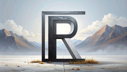 A bold, dark grey letter R stands sentinel, framed by a geometric structure, overlooking a landscape of misty mountains.