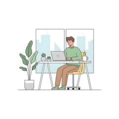 Vector Illustration of Young Man Working on Laptop in Modern Home Office
