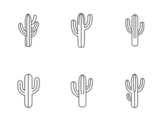 Obraz premium Six Minimalist Cactus Icons in Black Outline Isolated on White Background for Desert Flora Designs and Southwestern Themes