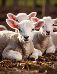 Obraz premium Adorable lambs resting in farmyard