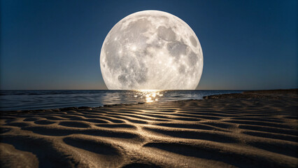 Supermoon Rising Over the Ocean with Rippling Sand Dunes full moon night