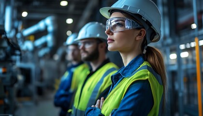 Focused workers in safety gear at a factory.